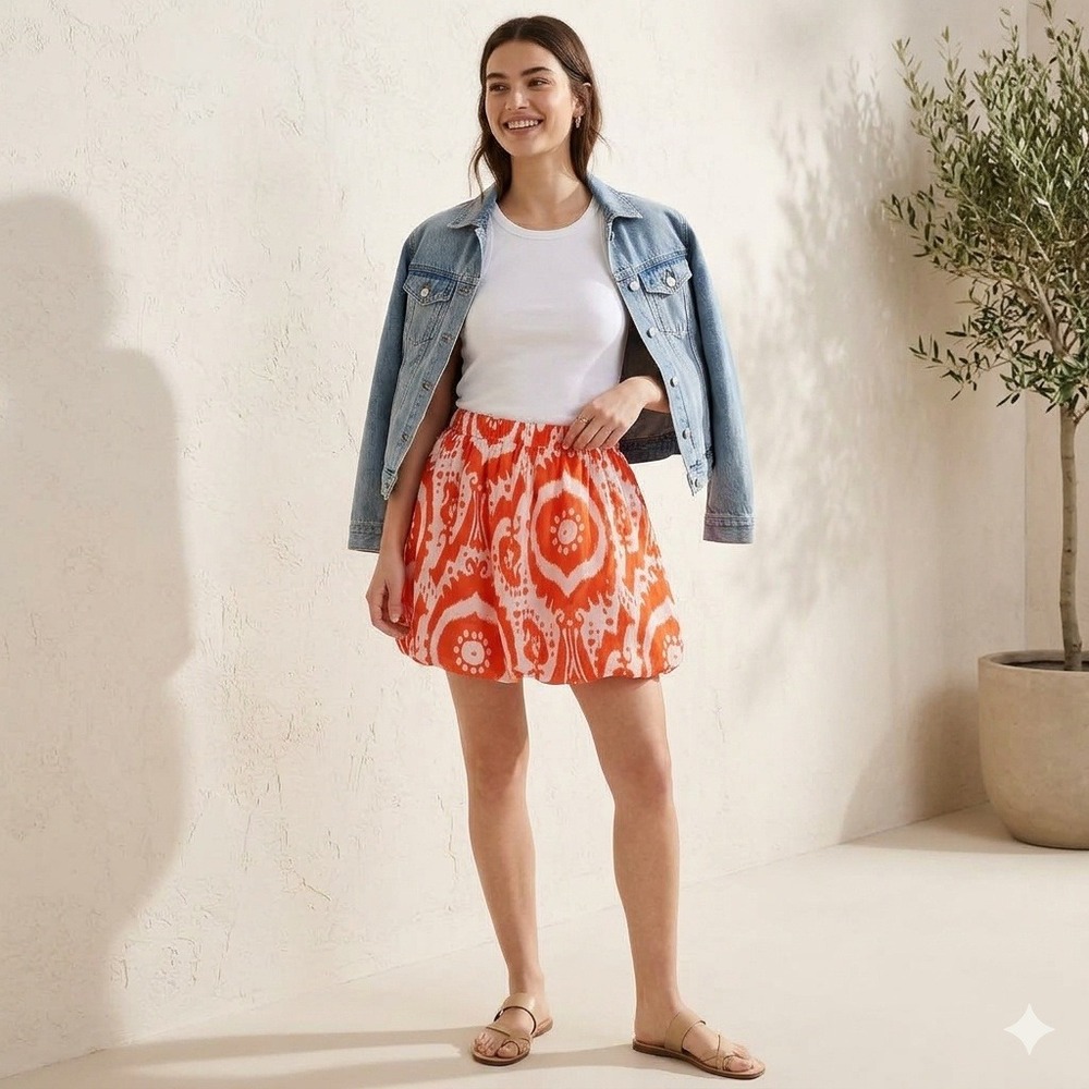J Crew Cotton Silk Bubble Skirt Orange White Ikat Graphic Medallion Print XS